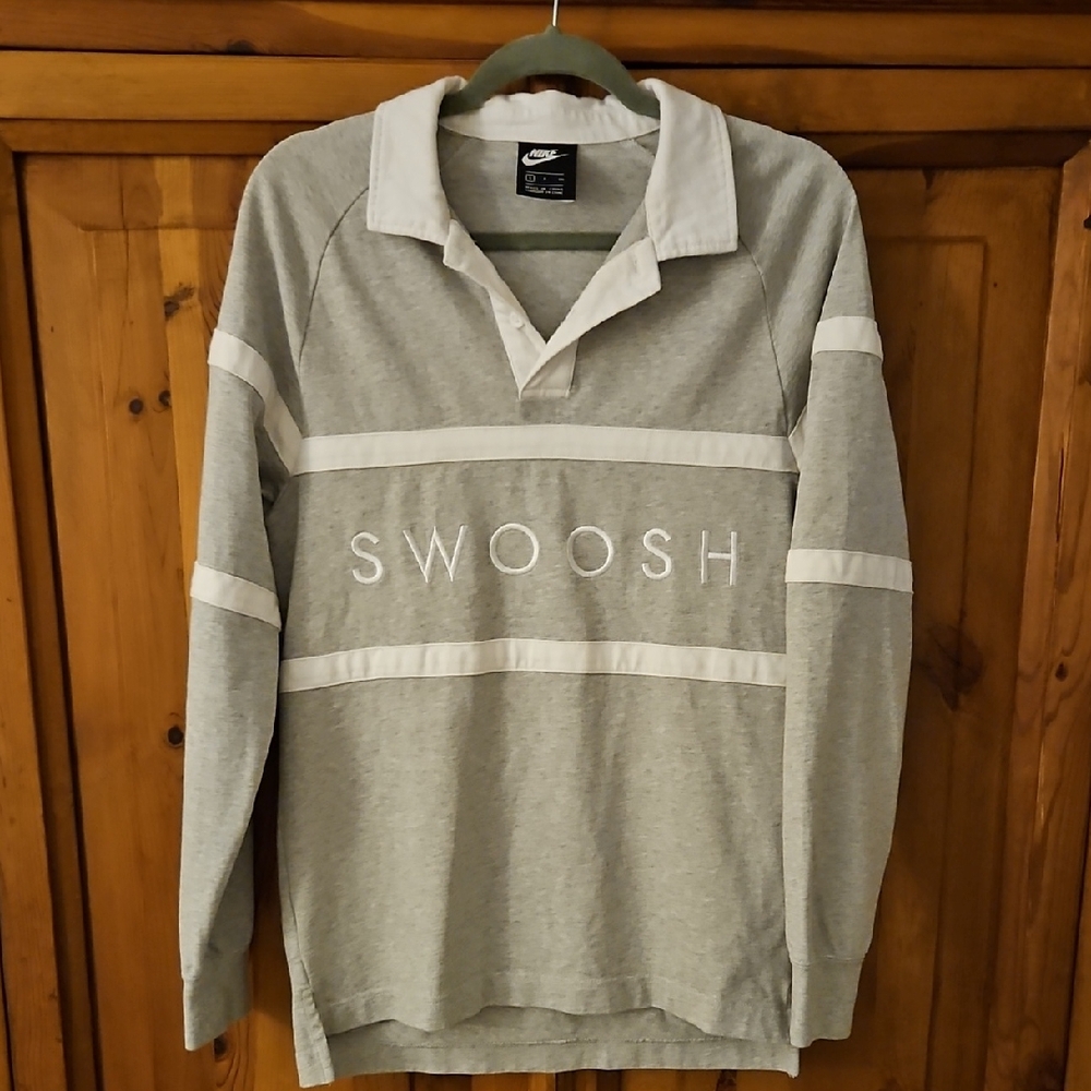 Nike SWOOSH Gray and White Rugby Shirt Size S
